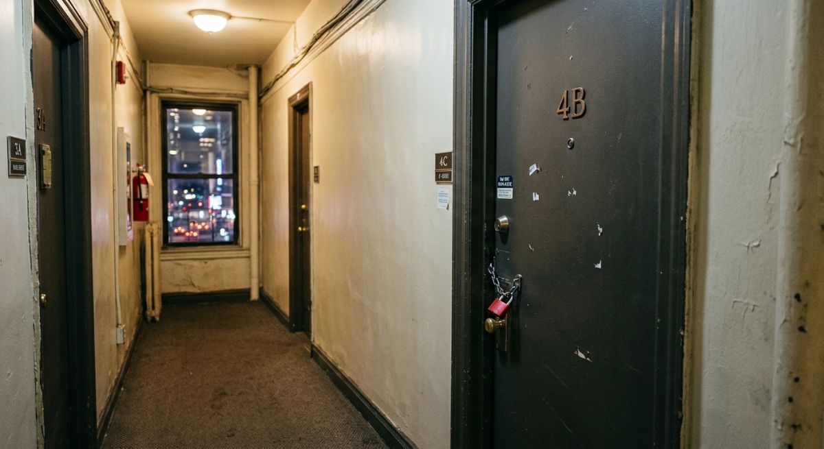 A New York City apartment door is locked to prevent the tenant from entering.